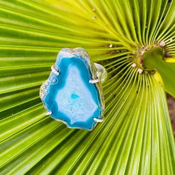 Marine Blue Agate Geode Sterling Silver Ring Size 6 - Picture 8 of 12